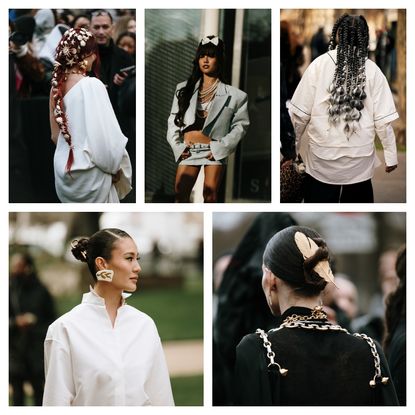 five women at paris fashion week with hair accessories in various styles