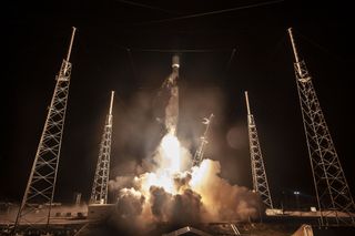 A SpaceX Falcon 9 rocket launches the SpaceIL moon lander and satellites for Indonesia and the U.S. military from Cape Canaveral Air Force Station, Florida on Feb. 21, 2019.