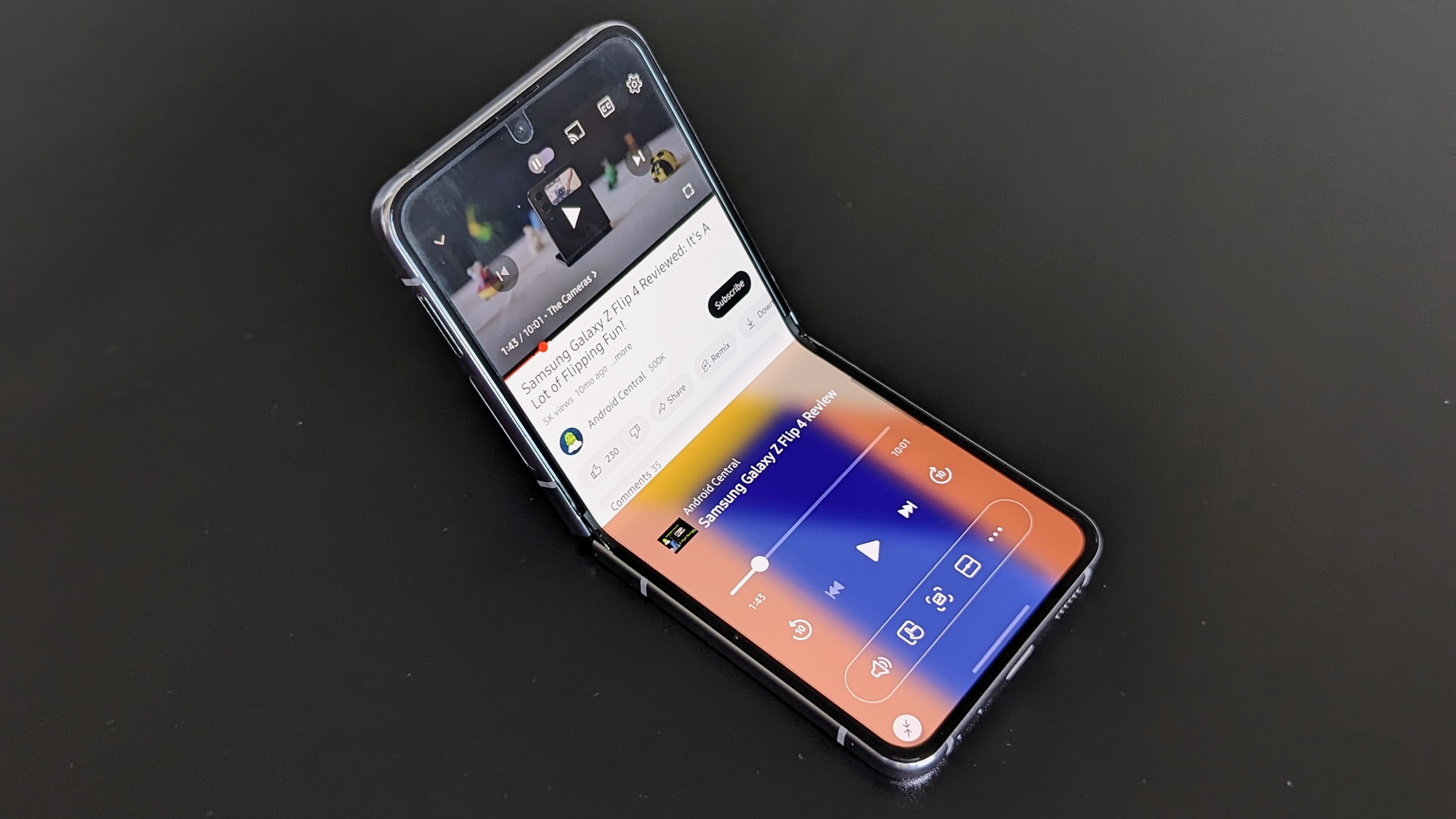 Samsung Galaxy Z Flip 5 in Flex mode with YouTube controls