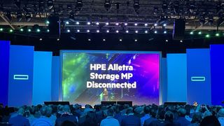 HPE CEO Antonio Neri standing in front of a screen reading HPE Alletra Storage MP Disconnected