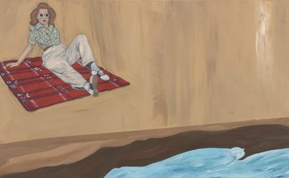 Woman sunbathing on a beach oil painting