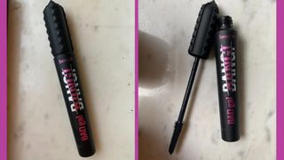 Two adjacent images showing the Benefit Badgal BANG mascara closed (left) and open (right)