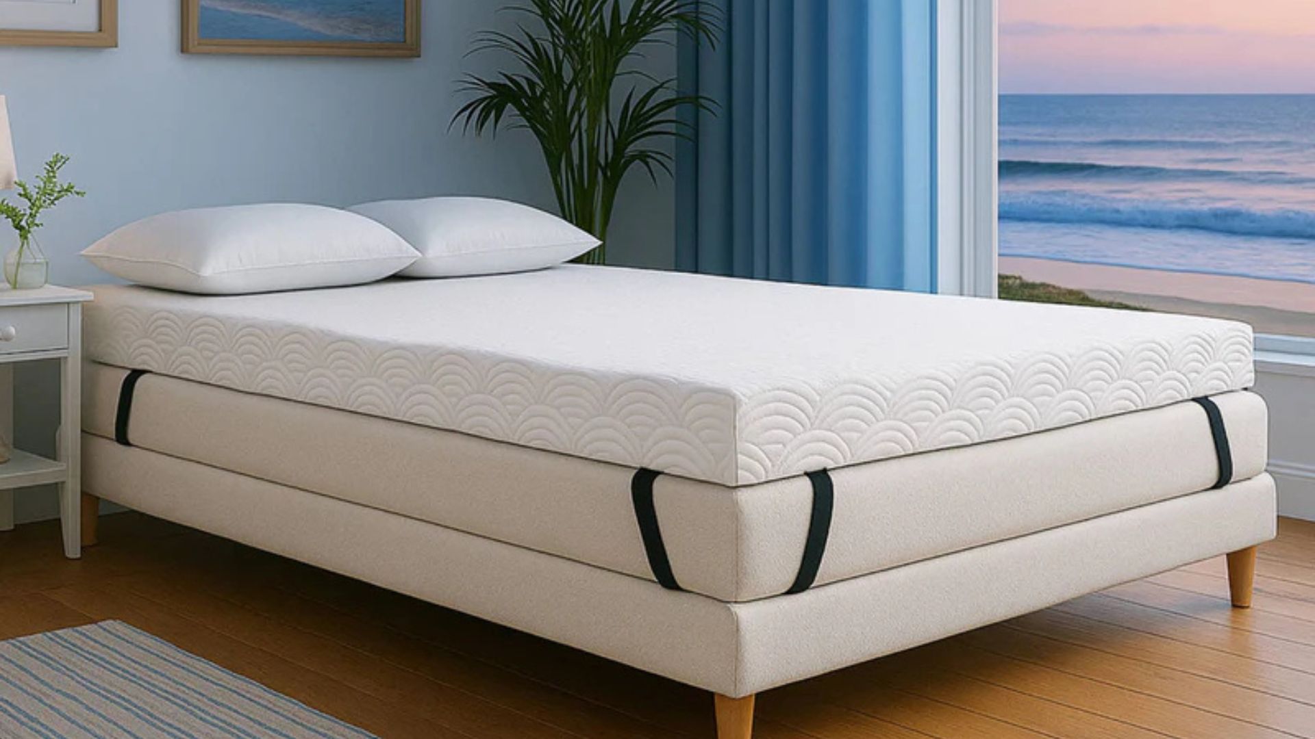 A white bedframe with a white mattress on and the ViscoSoft Active Cooling Copper Topper in a window showing the sun setting over the sea