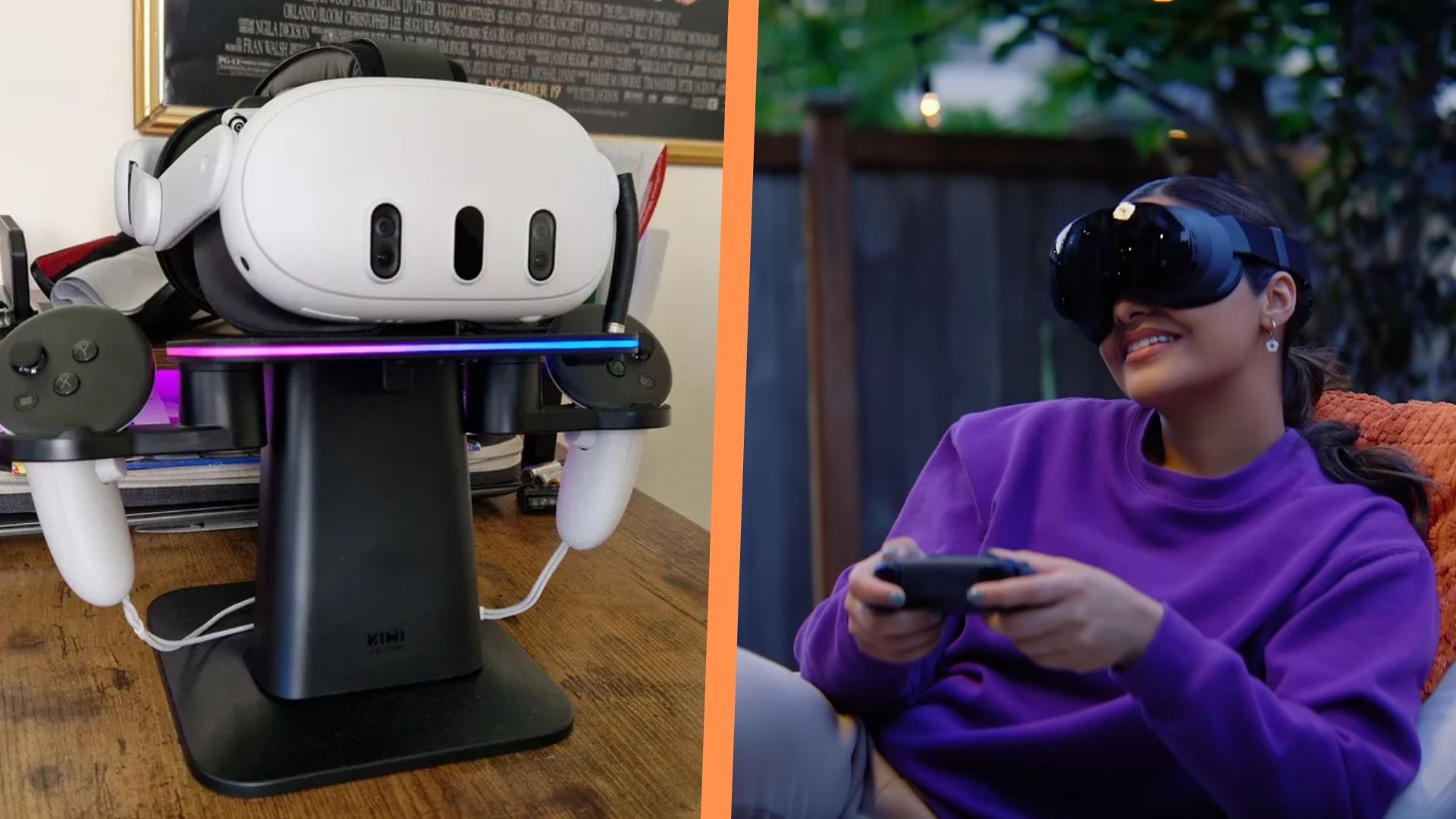 A Quest 3 headset on a charging stand, side by side with an image of a woman playing games on the Steam Frame