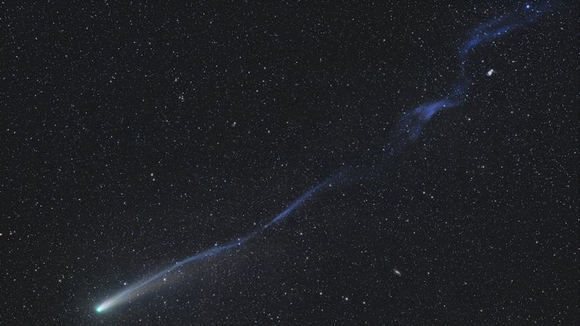 A close-up photo of Comet Lemmon&#039;s long twisted tail with several clear breaks in the structure