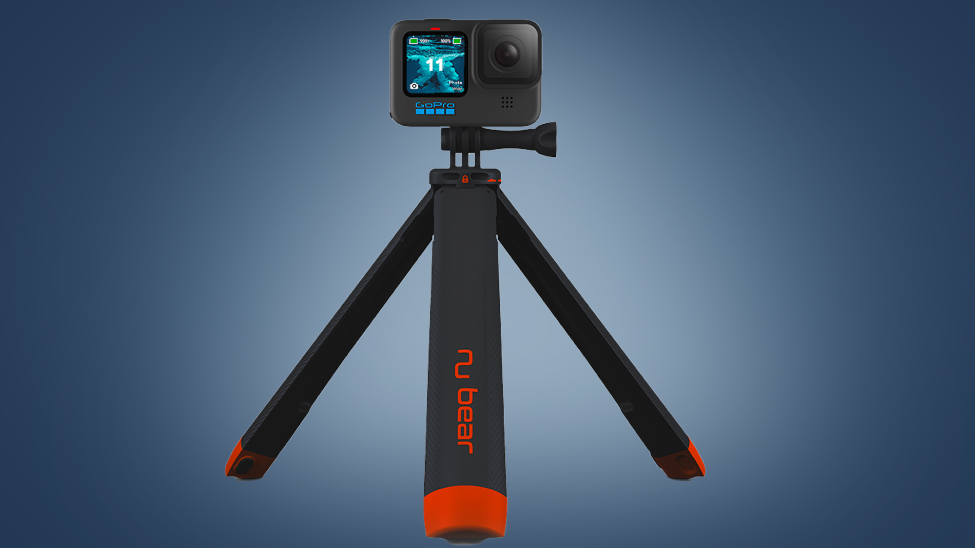 A NuBear Nu Grip tripod on a blue background