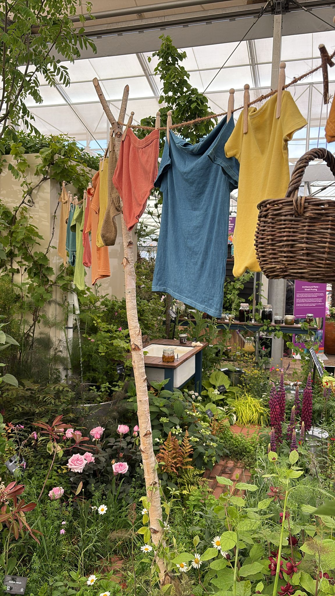 Some clothes that have been dyed by plants from the giant washing machine garden