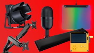 A selection of hardware picked by the PC Gamer team as their underrated favourites, on a red background.