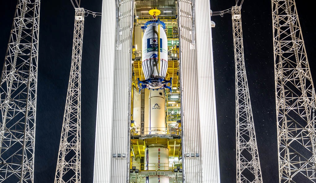 Arianespace's Vega C rocket is stacked ahead of the launch of South Korea's KOMPSAT-7 Earth-observation satellite. Liftoff is planned for Dec. 1, 2025.
