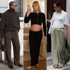 fashion collage featuring three pregnancy style influencers Marisa Martins, Linda Tol, and Aimee Song wearing chic 2025 maternity outfit ideas
