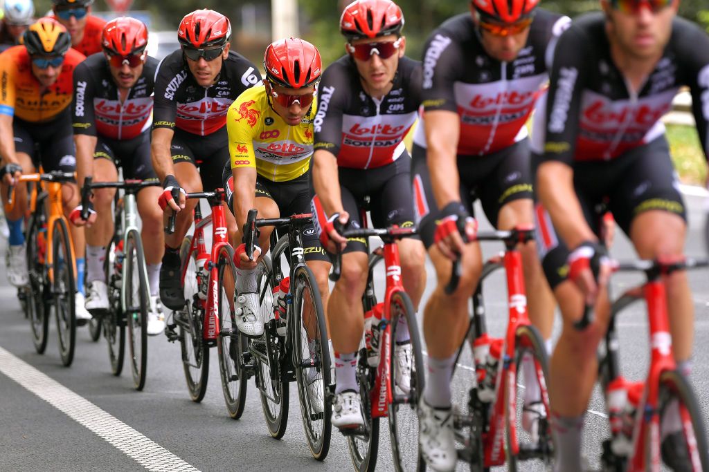 WAVRE BELGIUM AUGUST 17 Jasper De Buyst of Belgium and Team Lotto Soudal Caleb Ewan of Australia and Team Lotto Soudal Yellow Leader Jersey Philippe Gilbert of Belgium and Team Lotto Soudal John Degenkolb of Germany and Team Lotto Soudal during the 41st Tour de Wallonie 2020 Stage 2 a 1723km stage from Frasnes Lez Anvaing to Wavre TourdeWallonie TRW2020 on August 17 2020 in Wavre Belgium Photo by Luc ClaessenGetty Images