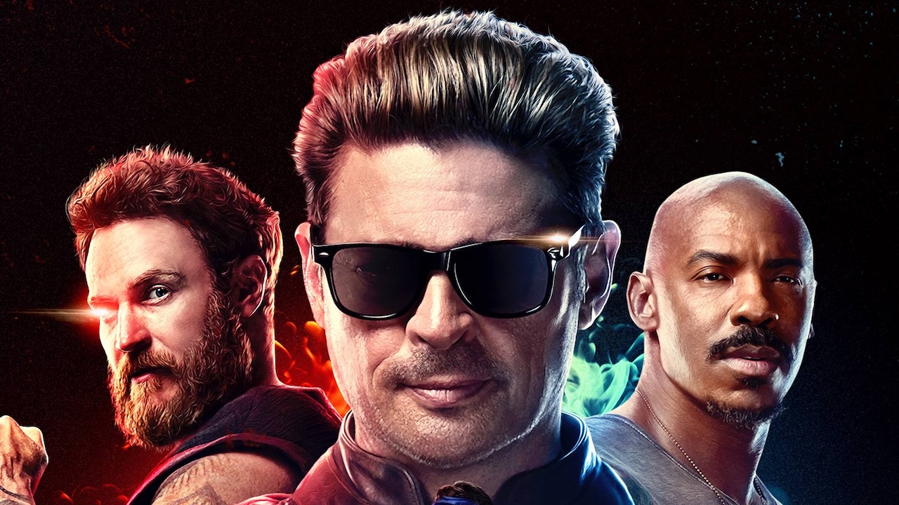 Faces of Johnny Cage, Kano and Jax from poster for Mortal Kombat II