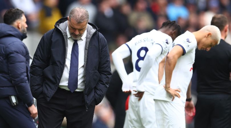 Tottenham manager Ange Postecoglou looks dejected following defeat to Arsenal in April 2024.