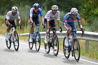 VILLABLINO SPAIN AUGUST 31 LR Jhonatan Narvaez of Ecuador and Team INEOS Grenadiers and Xandro Meurisse of Belgium and Team Alpecin Deceuninck compete in the breakaway during the La Vuelta 79th Tour of Spain 2024 Stage 14 a 2005km stage from Villafranco del Bierzo to Villablino UCIWT on August 31 2024 in Villablino Spain Photo by Tim de WaeleGetty Images