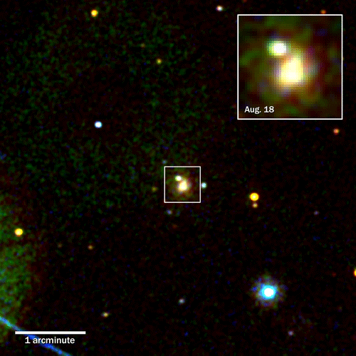 The Swift Ultraviolet/Optical Telescope imaged the kilonova from two merging neutron stars in the galaxy NGC 4993 (inset) on Aug. 18, 2017, just 15 hours after gravitational waves and a gamma-ray burst from the event was detected.
