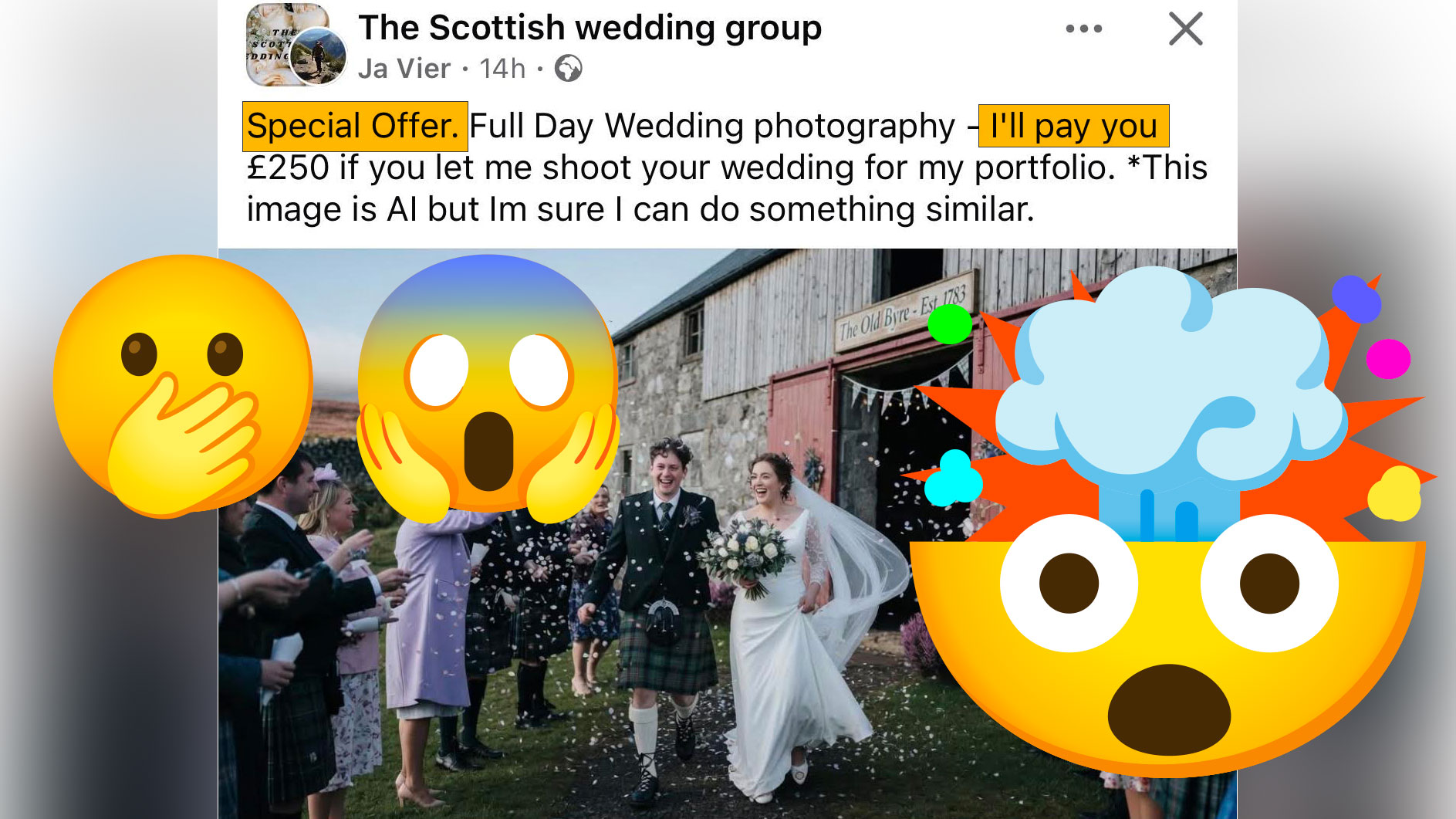 Post on the Scottish Wedding Group showing a fake wedding photo with shock emoji on top