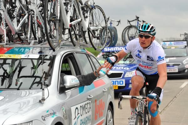 Race leader Andr&eacute; Greipel (Omega Pharma - Lotto) back at the team car.