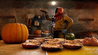 Wearing a hazmat suit, a Rust player proudly holds up a freshly cooked pie, foregrounded by a table covered with pies and a large pumpkin on the left.