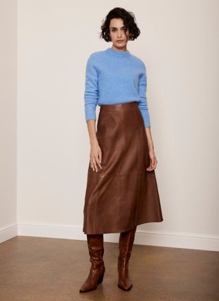 Tan Leather A-Line Midi Skirt