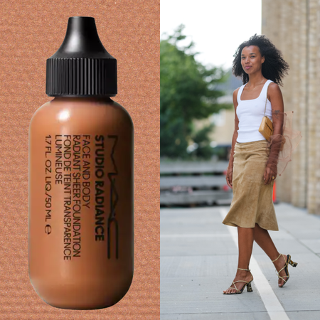 A woman with curly hair wearing a white tank top and brown skirt with strappy heels. She is next to a bottle of radiant foundation. Both images are on a brown background.