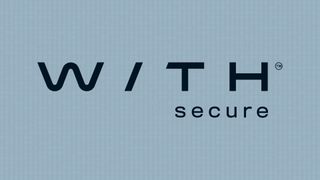 Dark navy coloured WithSecure logo against a light grey-blue background with binary code faintly embedded into it