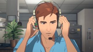 An office worker putting on a pair of headphones while getting ready to work a full day in an office building.