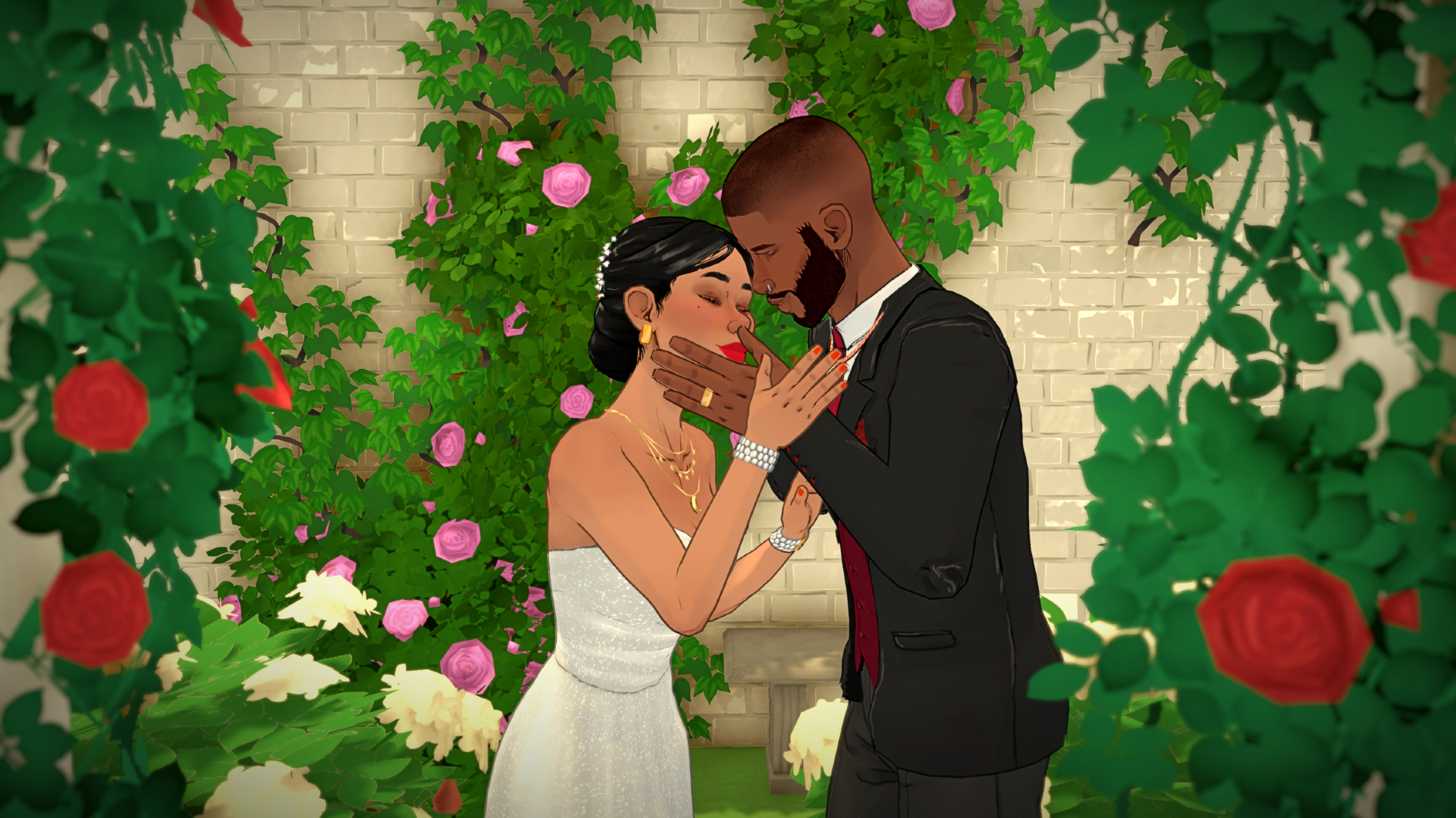 Paralives married couple surrounded by roses