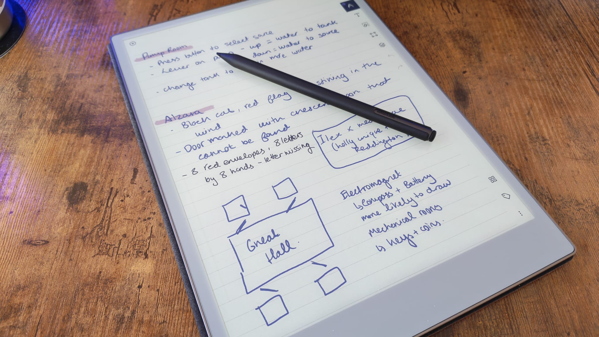 a reMarkable Paper pro showing notes from a Blue Prince playthrough