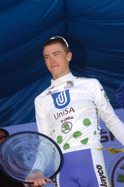 Rohan Dennis wearing the green and white polka dots of winner of the king of the mountains.