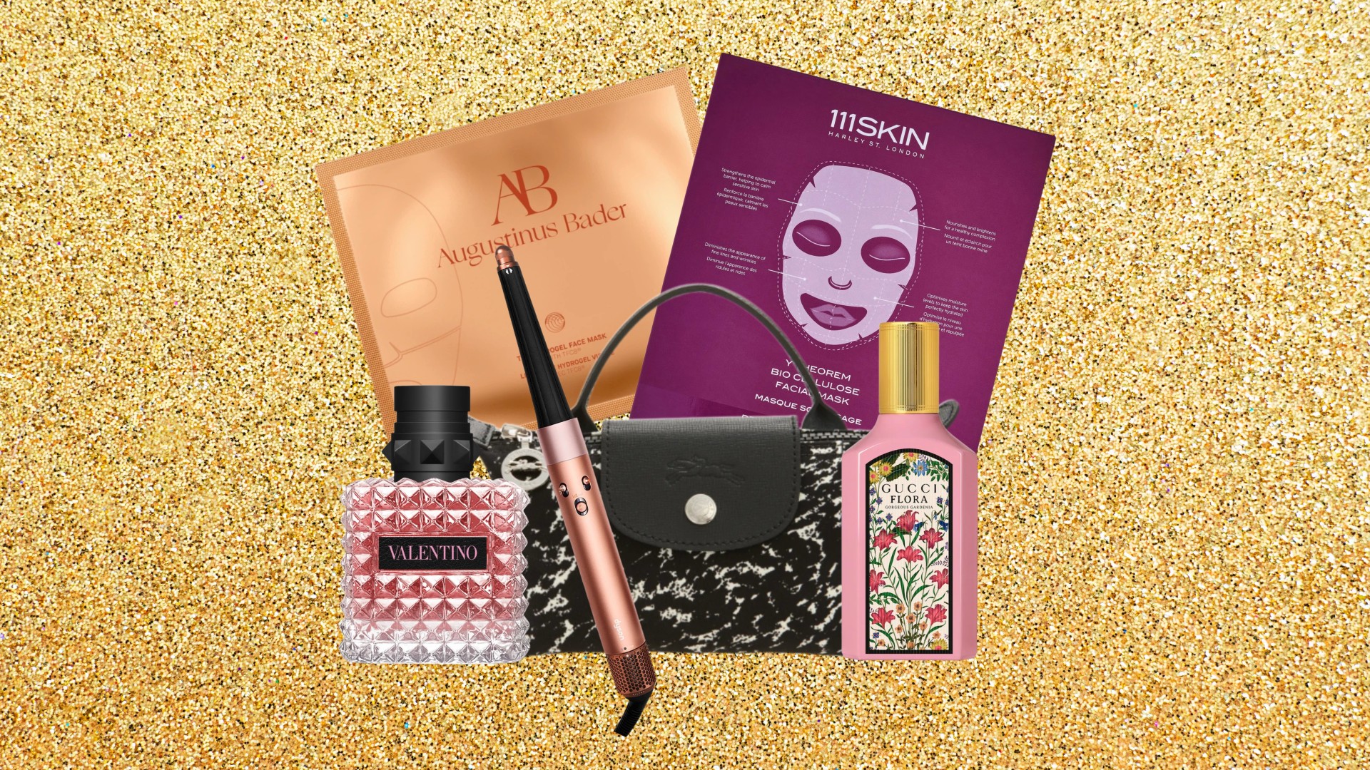 an edit of multiple beauty products on a gold glitter background 