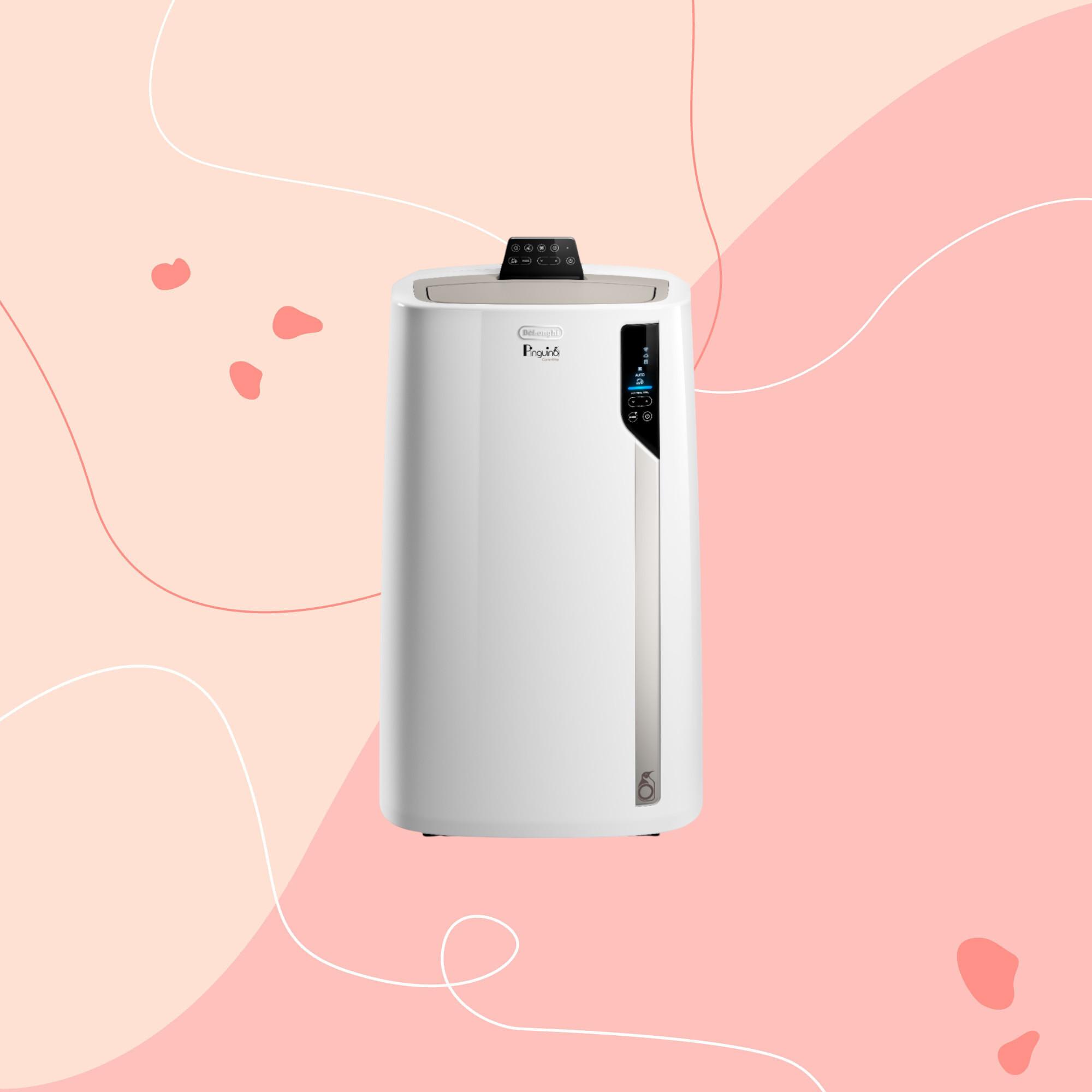 delonghi piguino portable air conditioner on pink graphic background