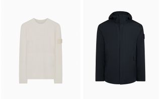 Two images, Left- White sweatshirt, Right- Black jacket