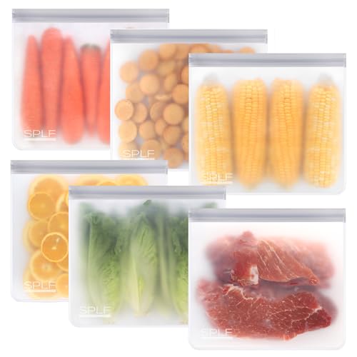 Splf 6 Pack Reusable Gallon Freezer Bags Dishwasher Safe, Bpa Free Reusable Food Storage Bags, Extra Thick Leakproof Silicone Free 1 Gallon Bags for Marinate Meat, Cereal, Sandwich, Snack, Travel Item