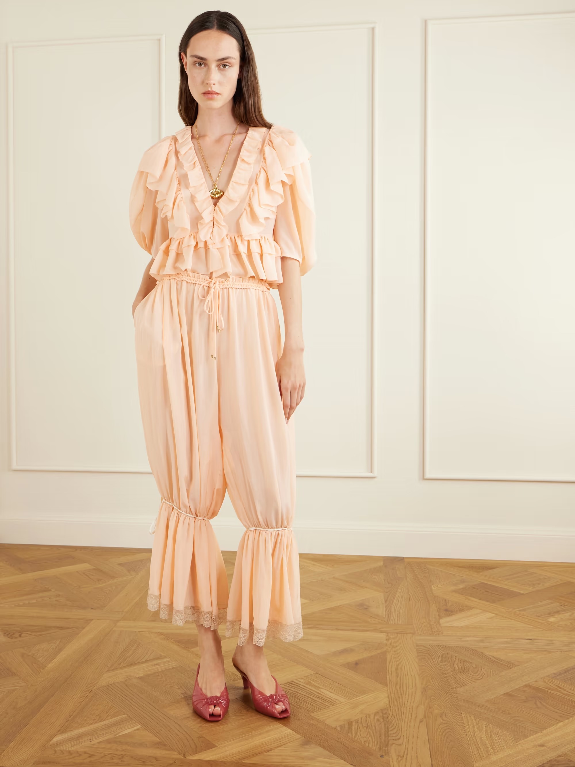 Chloe, Ruffled pleated lace-trimmed silk-charmeuse balloon pants