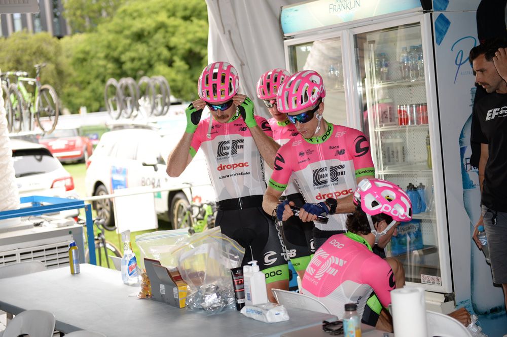 The EF Education First-Drapac rider load their pockets before training