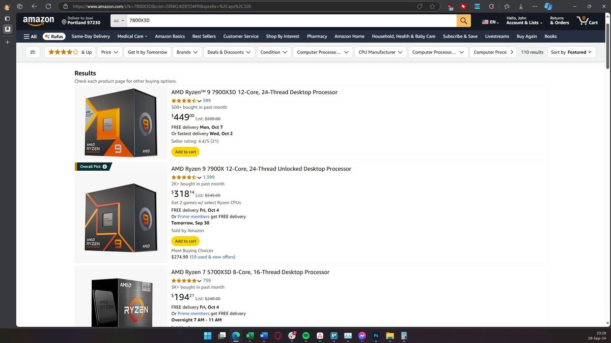 Amazon search results for AMD Ryzen 7 7800X3D