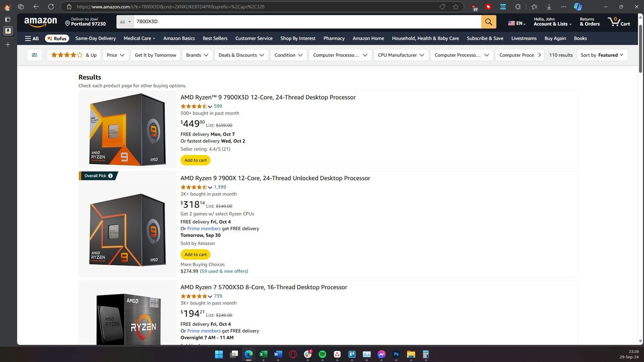 Amazon search results for AMD Ryzen 7 7800X3D