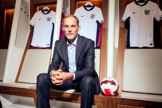 Thomas Tuchel England manager sitting in the Wembley changing room