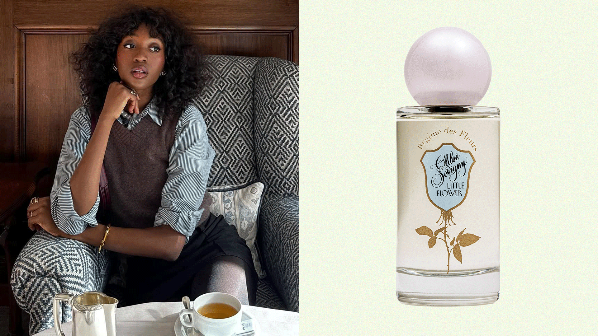 Collage of woman sitting with a cup of tea and tea-infused fragrances.