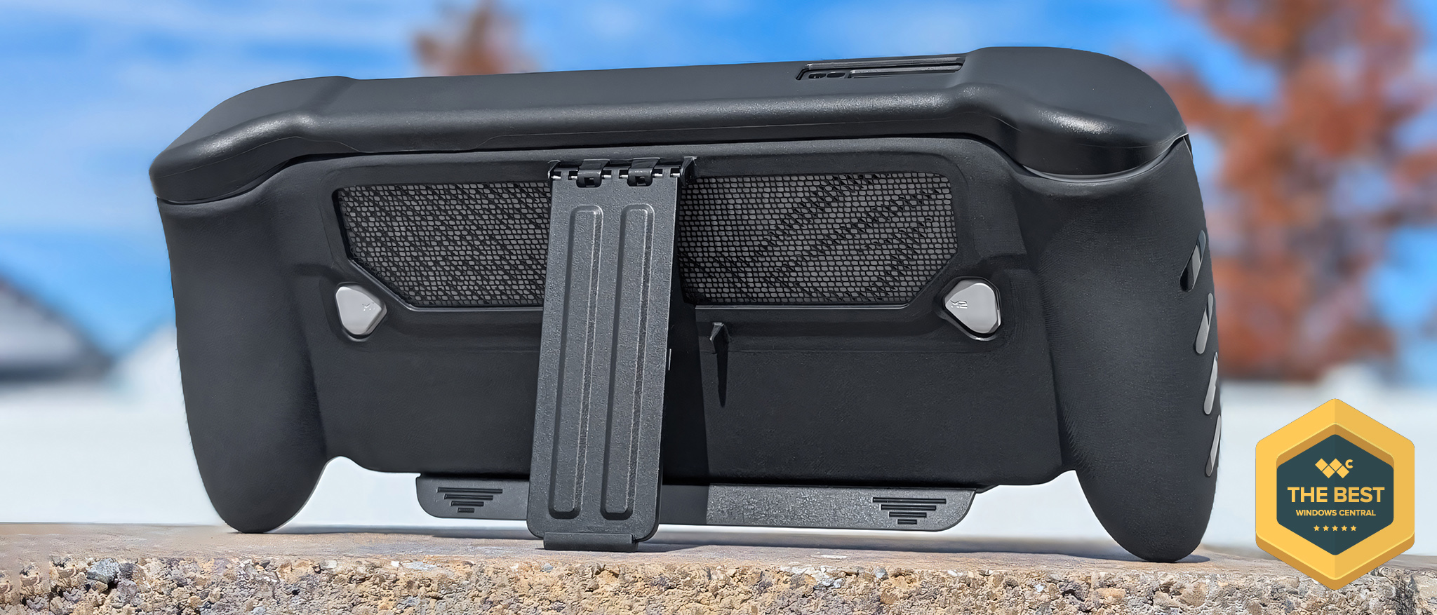 dBrand Killswitch installed on a Xbox Ally that is facing away so we can see the kickstand.
