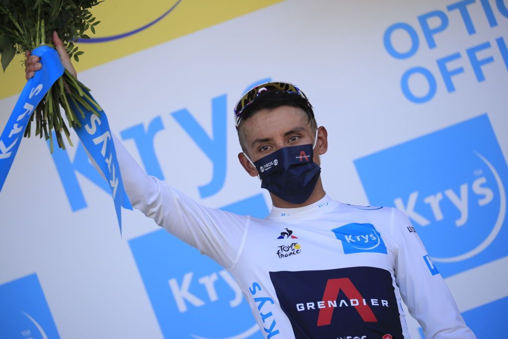 Team Ineos rider Colombias Egan Bernal celebrates his white jersey of best young on the podium at the end ofb the 11th stage of the 107th edition of the Tour de France cycling race 167 km between Chatelaillon Plage and Poitiers on September 9 2020 Photo by Christophe Petit Tesson various sources AFP Photo by CHRISTOPHE PETIT TESSONAFP via Getty Images