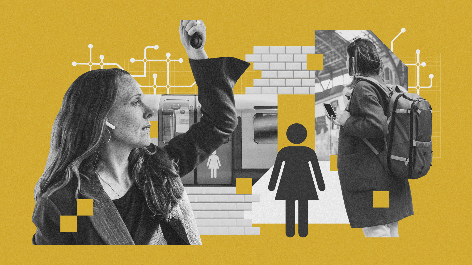 Photo composite illustration of female commuters and a London Tube carriage