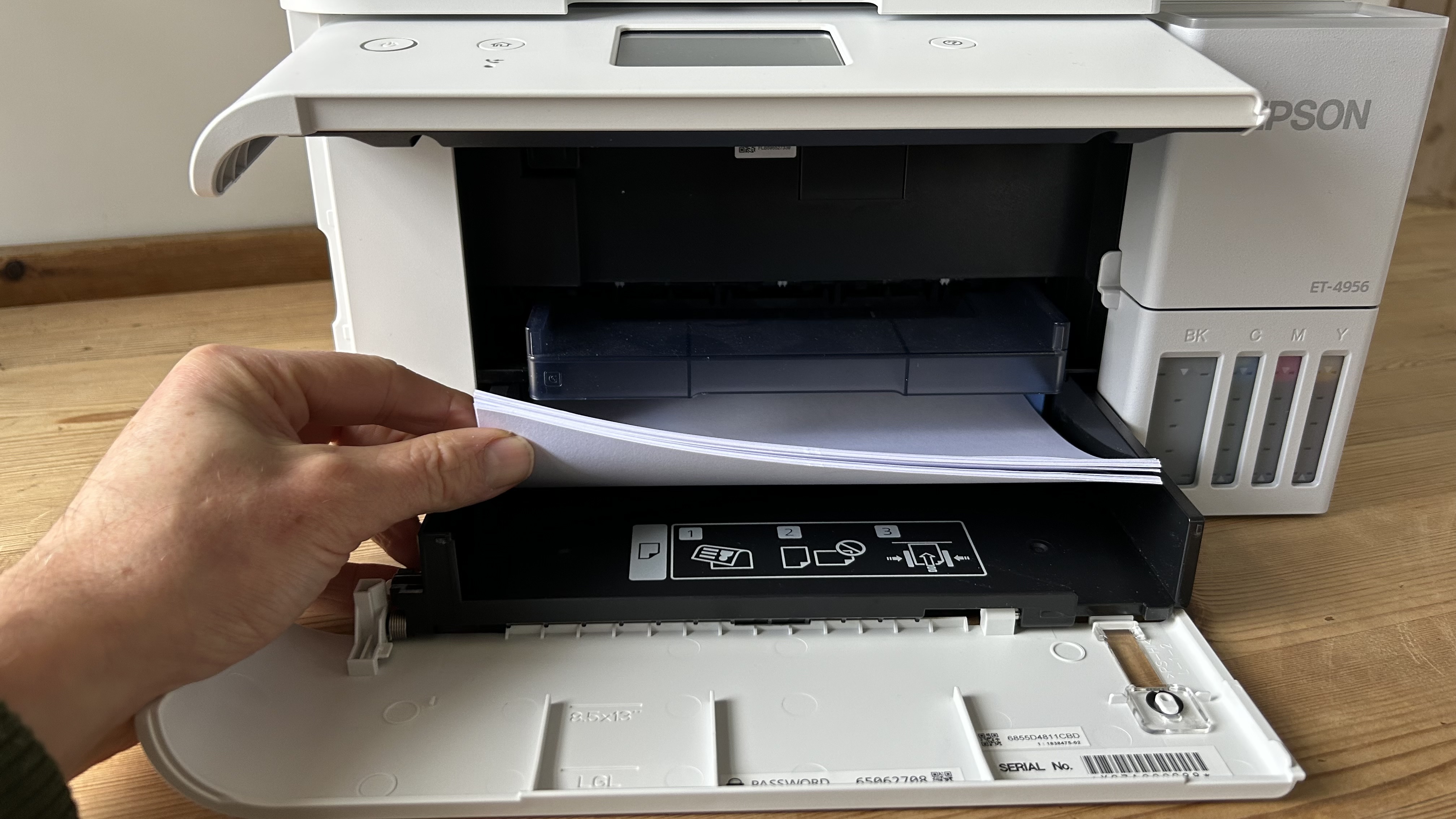 The Epson EcoTank ET-4950 series ink tank printer undergoing testing in a home office during our review process