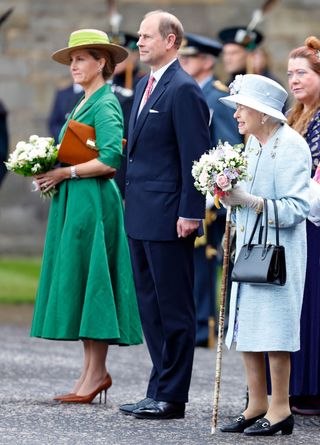 Sophie, Countess of Wessex, Prince Edward, Earl of Wessex and Queen Elizabeth II attend The Ceremony of the Keys on the forecourt of the Palace of Holyroodhouse on June 27, 2022 in Edinburgh, Scotland.