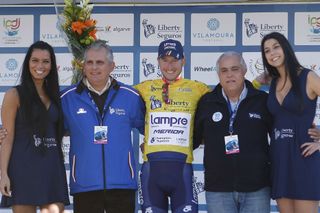Sacha Modolo (Ita) (Lampre-Merida) on the podium after winning Stage 1 of the 2014 Volta ao Algarve from Rui Costa (Por) (Lampre-Merida) amd Alessandro Petacchi (ITA) (Omgea Pharma Quickstep)