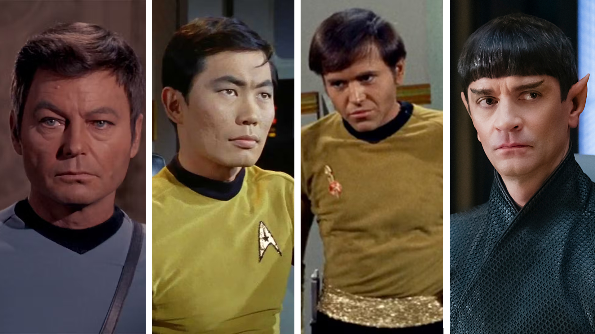Four-way split image showing (left to right): Dr Leonard McCoy (DeForest Kelley), Hikaru Sulu (George Takei), Pavel Chekov (Walter Koenig), and Sarek (James Frain).