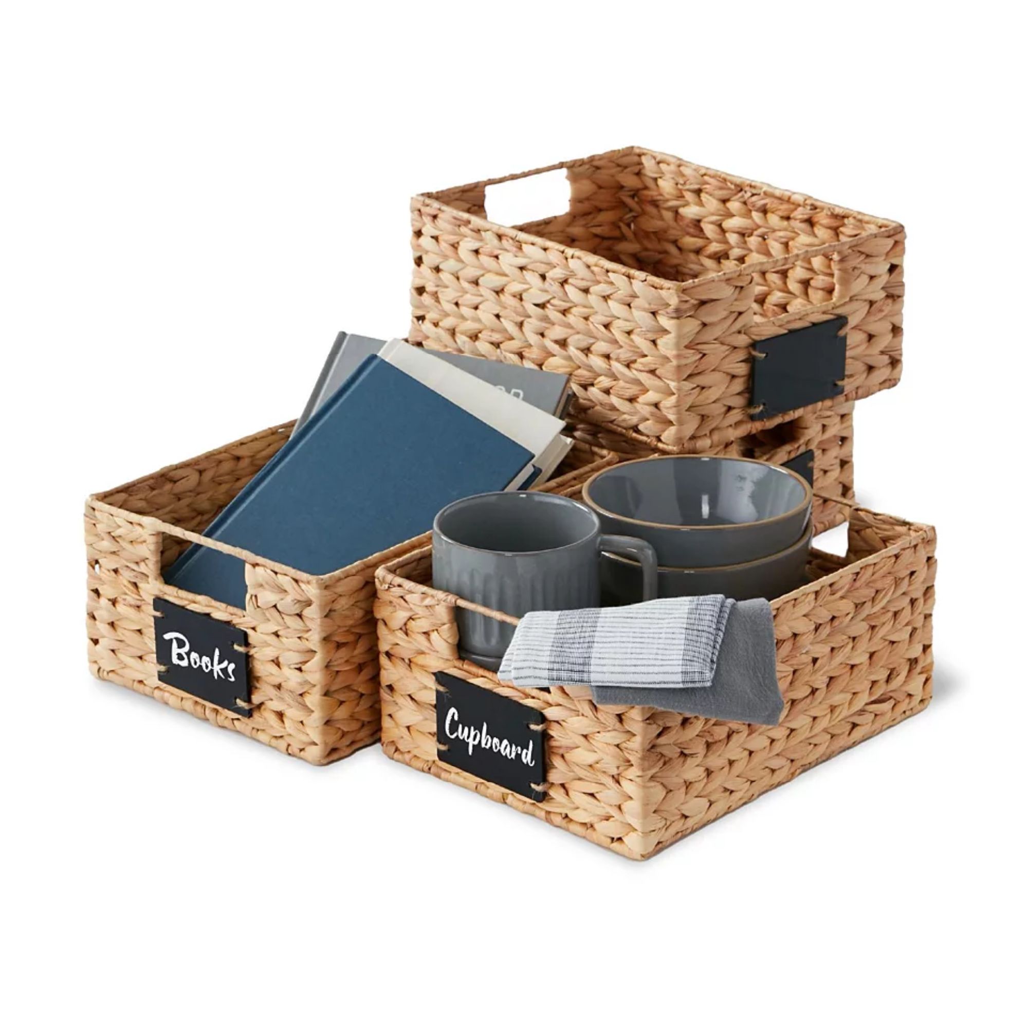 Wicker baskets with chalkboard labels