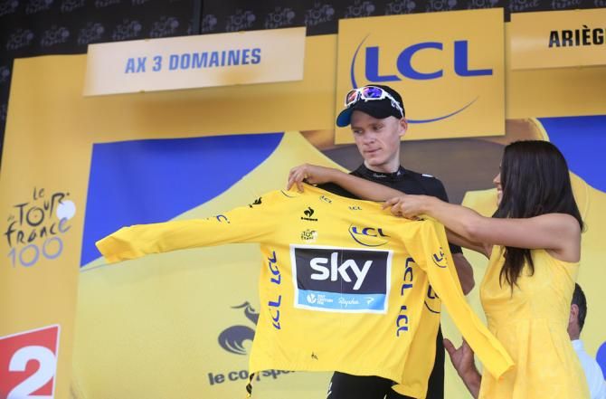 Chris Froome (Sky) dons the maillot jaune after winning stage 8 in Ax 3 Domaines