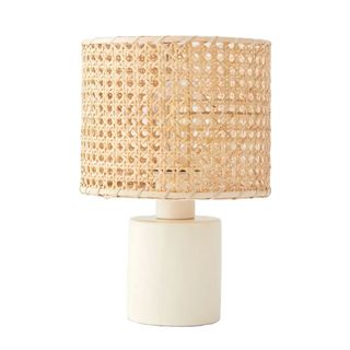 White base lamp with rattan shade