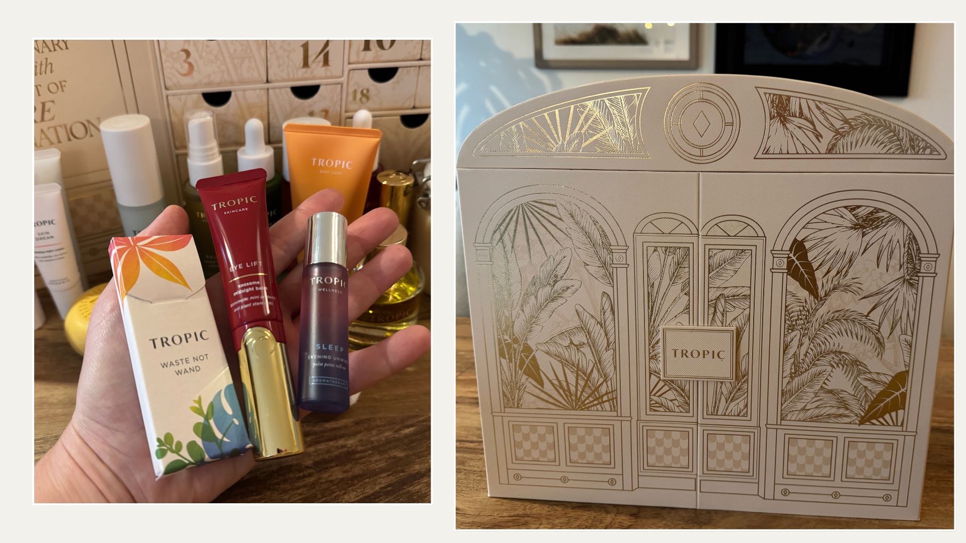 A hand holding a selection of Tropic skincare products in front of the closed 24 Days of Pure Imagination beauty advent calendar sitting on a table